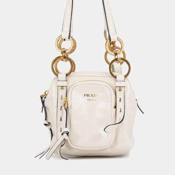 Pre Owned Prada Dangle Top Handle Mini White Leather Shoulder Bag