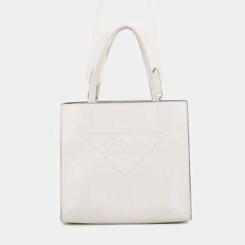 Pre Owned Prada Triangle Embossed Tote White Leather Top Handle Bag