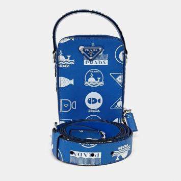 Pre Owned Prada Blue/White Saffiano Mini Tote and Crossbody Bag (2VH067)