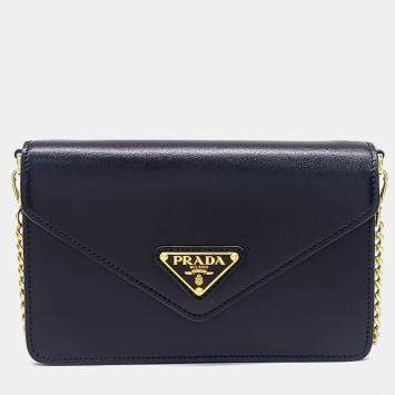 Pre Owned Prada Vitello Black Leather Chain Crossbody Bag (1BD350)