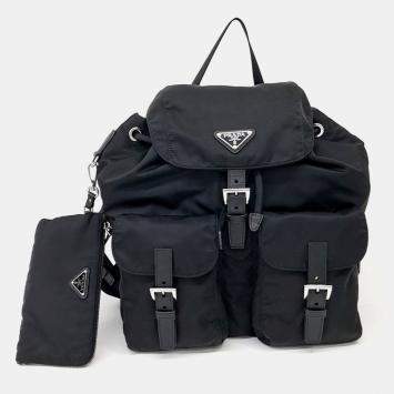 Pre Owned Prada Black Re-Nylon Two-Pocket Backpack (1BZ811)