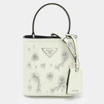 Pre Owned Prada Panier Small White Saffiano Cuir Leather Crystal Embellished Top Handle Bag
