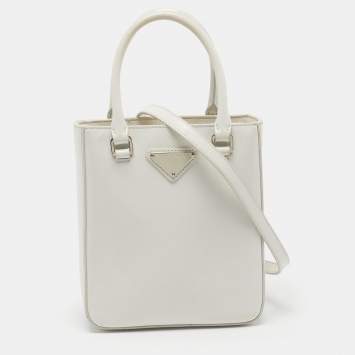 Pre Owned Prada Triangle Logo Mini White Brushed Leather Tote