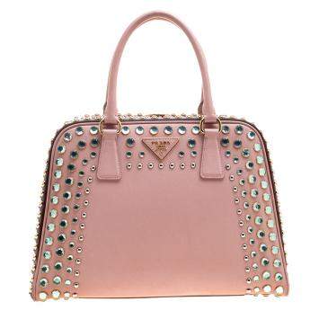 Pre Owned Prada Blush Pink/Burgundy Saffiano Lux Leather Pyramid Frame Top Handle Bag