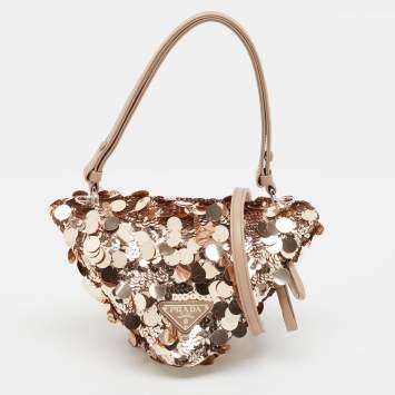 Pre Owned Prada Triangle Beige/Rose Gold Sequins and Leather Shoulder Bag