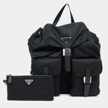 مملوكة مسبقًا Prada Black Fabric Re-Nylon Two-Pocket Backpack 