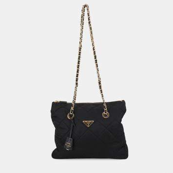 Pre Owned Prada Re-Edition 1995 Black Nylon Saffiano Leather Chain Shoulder Bag