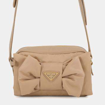 Pre Owned Prada Ribbon Motif 1BH166 Beige Nylon Leather Shoulder Bag
