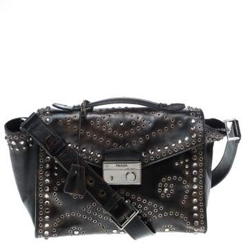 Pre Owned Prada Dark Brown Vitello Vintage Leather Eyelet Crystal Embellished Top Handle Bag