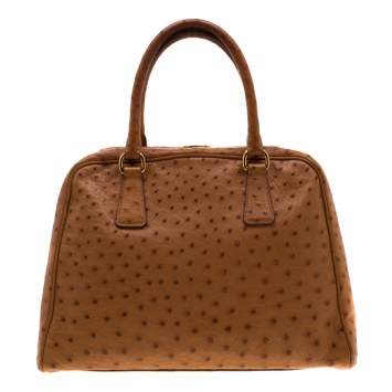 Pre Owned Prada Brown Ostrich Pyramid Frame Top Handle Bag