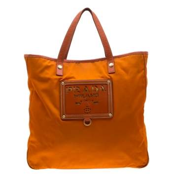 Prada Orange Nylon and Leather Lasercut Logo Tote 