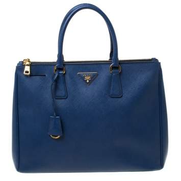 Pre Owned Prada Blue Saffiano Lux Leather Large Double Zip Tote