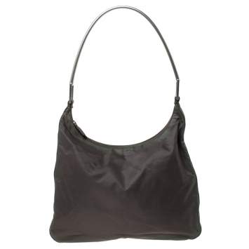 Pre Owned Prada Olive Green Nylon Metal Handle Hobo