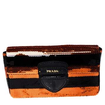 Pre Owned Prada Black/Orange Stripe Sequins Righe Clutch