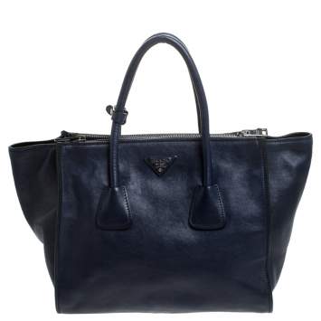 Pre Owned Prada Navy Blue Glace Calf Leather Twin Pocket Double Handle Tote 