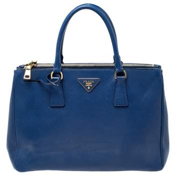 Pre Owned Prada Blue Saffiano Lux Leather Medium Double Zip Tote