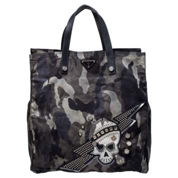 Pre Owned Prada Green Camouflage Nylon Skull Shopper Tote Bag