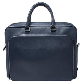 Pre Owned Prada Navy Blue Saffiano Leather Two Way Travel Briefcase