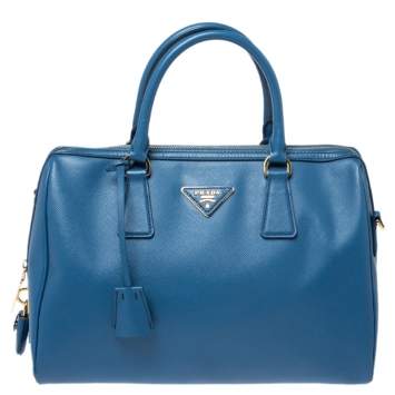 Pre Owned Prada Blue Saffiano Lux Leather Boston Bag