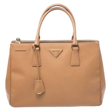 Pre Owned Prada Caramel Saffiano Lux Leather Medium Double Zip Tote