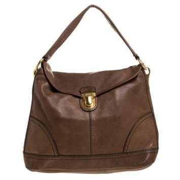 Pre Owned Prada Dark Brown Soft Leather Pushlock Hobo