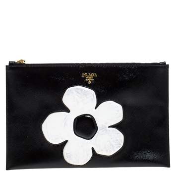 Pre Owned Prada Black Saffiano Vernice Flower Clutch