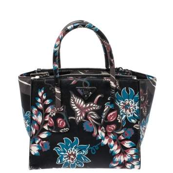 Pre Owned Prada Black Floral Print Saffiano Leather Double Zip Tote.