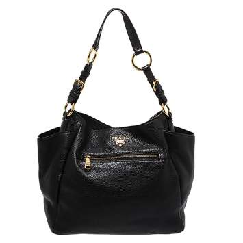 Pre Owned Prada Black Vitello Daino Leather Front Zip Hobo