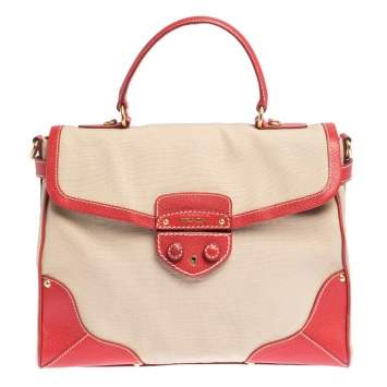 Pre Owned Prada Beige/Red canvas and Leather Cinghiale Top Handle Bag        