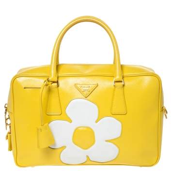 Pre Owned Prada Yellow/White Saffiano Patent Leather Flower Bauletto Bag
