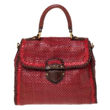 Pre Owned Prada Red/Brown Woven Leather Madras Top Handle Bag