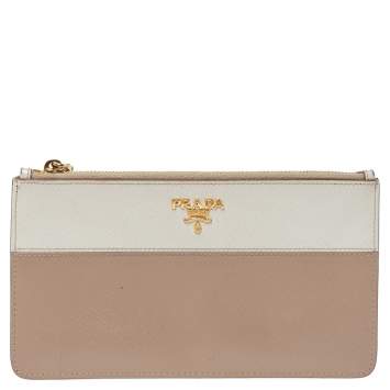 Pre Owned Prada Beige/Cream Saffiano Lux Leather Zip Pouch