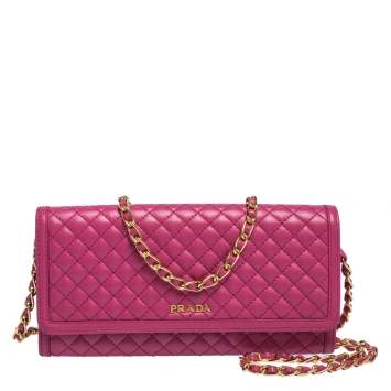 Pre Owned Prada Fuchsia Quilted Leather Wallet on Chain