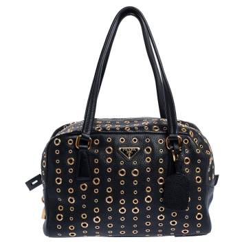Pre Owned Prada Black Leather Grommet Bauletto Bag