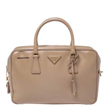 Pre Owned Prada Beige Saffiano Patent Leather Bauletto Bag