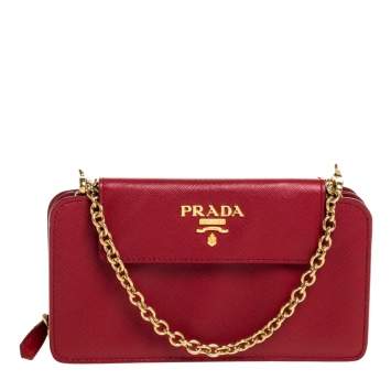 Pre Owned Prada Red Saffiano Lux Leather Wallet on Chain