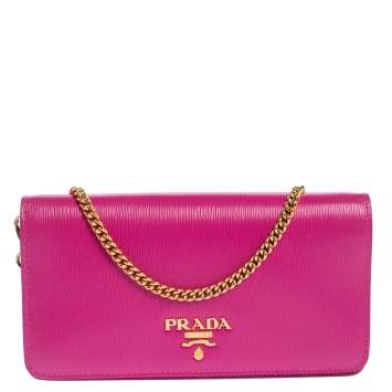 Pre Owned Prada Fuchsia Leather Mini Bandoliera Wallet on Chain