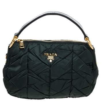 Pre Owned Prada Green Quiltin Nylon and Patent Leather Hobo