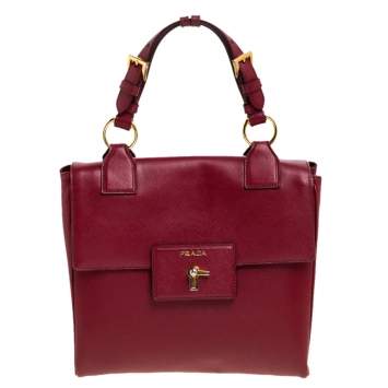 Pre Owned Prada Red Saffiano Lux Leather Spazzolato Gusset Top Handle Bag