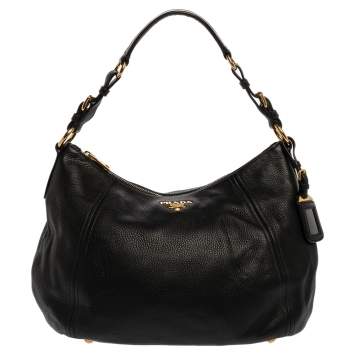 Pre Owned Prada Black Vitello Daino Leather Hobo