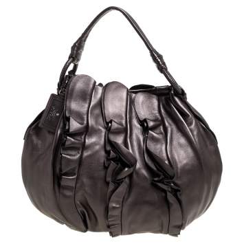 Pre Owned Prada Metallic Brown Leather Ruffle Mordore Hobo