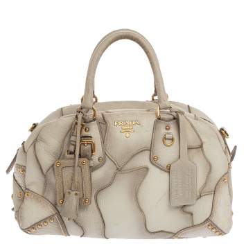 Pre Owned Prada White Ombre Deerskin Leather, Croco and Lizard Trim Patchwork Cervo Bowler Bag