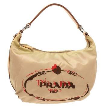 Pre Owned Prada Beige Tessuto Nylon Stencil Hobo 