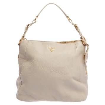 Pre Owned Prada Off White Vitello Daino  Leather Zip Hobo