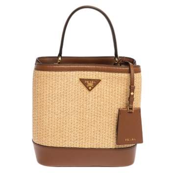 Pre Owned Prada Brown/Beige Raffia and Leather Medium Panier Top Handle Bag