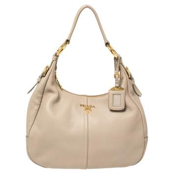 Pre Owned Prada Beige Vitello Daino Leather Zip Top Hobo