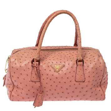 Pre Owned Prada Peach Ostrich Boston Bag