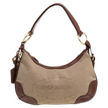 Pre Owned Prada Beige/Tan Logo Jacquard Canvas and Leather Hobo