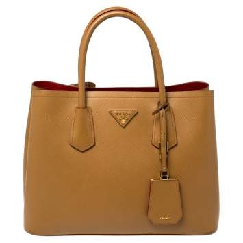 Pre Owned Prada Tan Saffiano Cuir Leather Medium Double Handle Tote