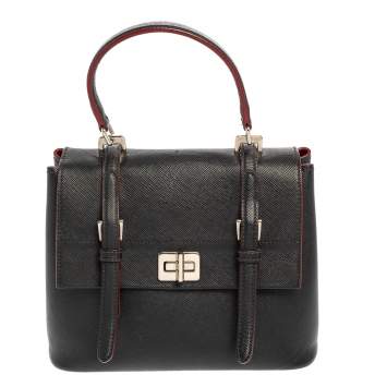 Pre Owned Prada Black Saffiano Lux Leather Turn Lock Top Handle Bag